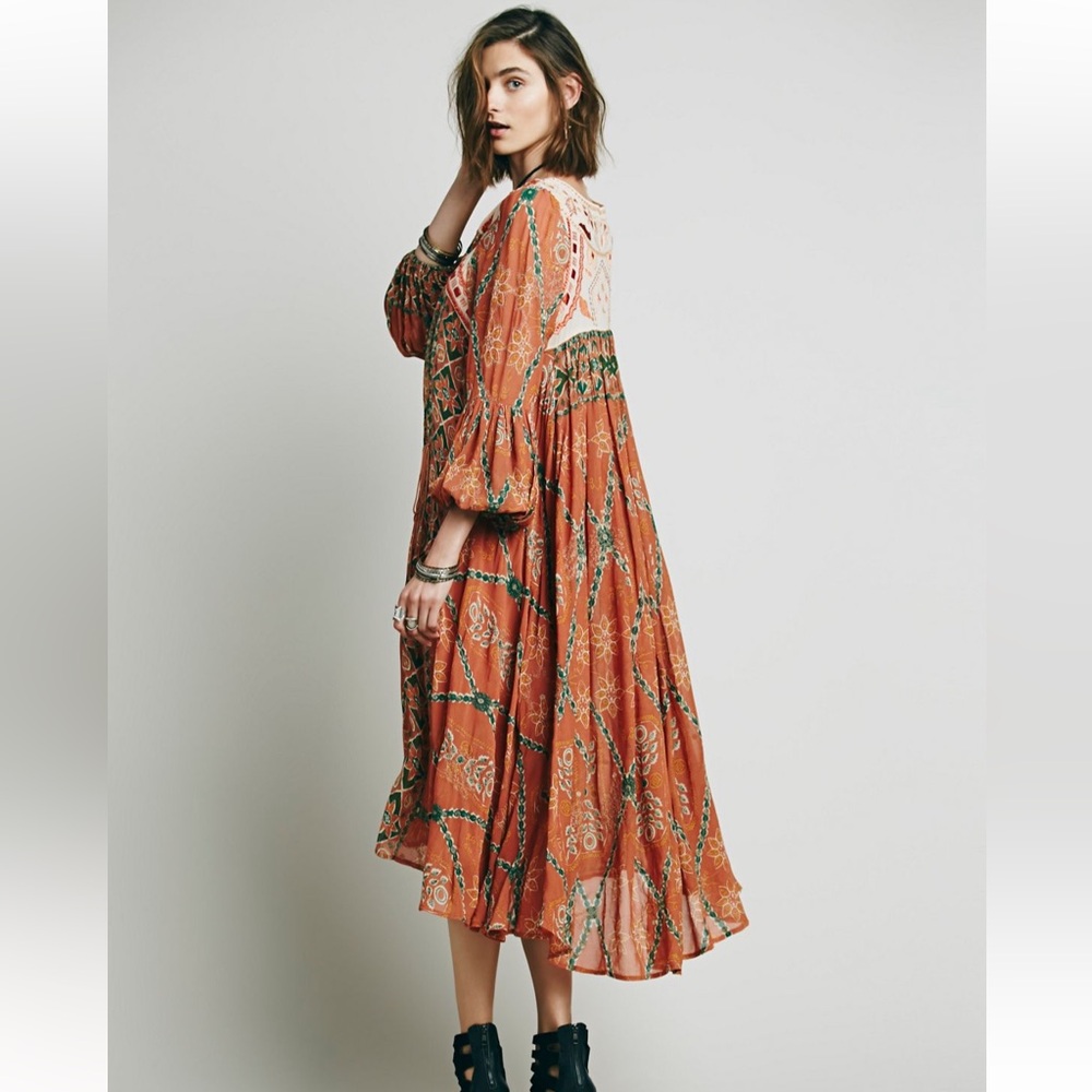 Free People Pink City Long Sleeve Floral Dress in Orange and Green - Picture 2 of 15
